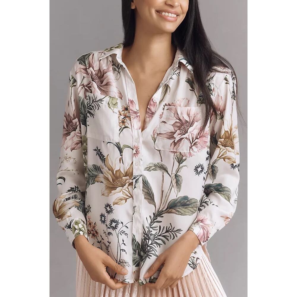 By Anthropologie Relaxed Long-Sleeve Floral Shirt Blouse Pearl Botanical L - Picture 2 of 10